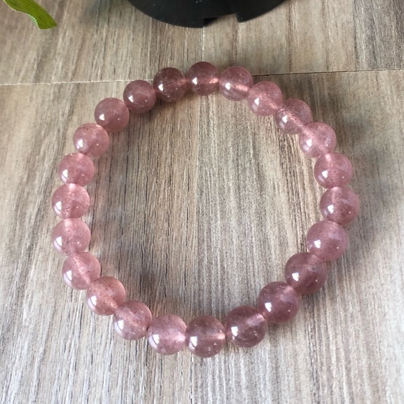 Strawberry Crystal Natural Stone Beads Stretchable Bracelet 7" - 8mm Beads - Picture 2 of 2